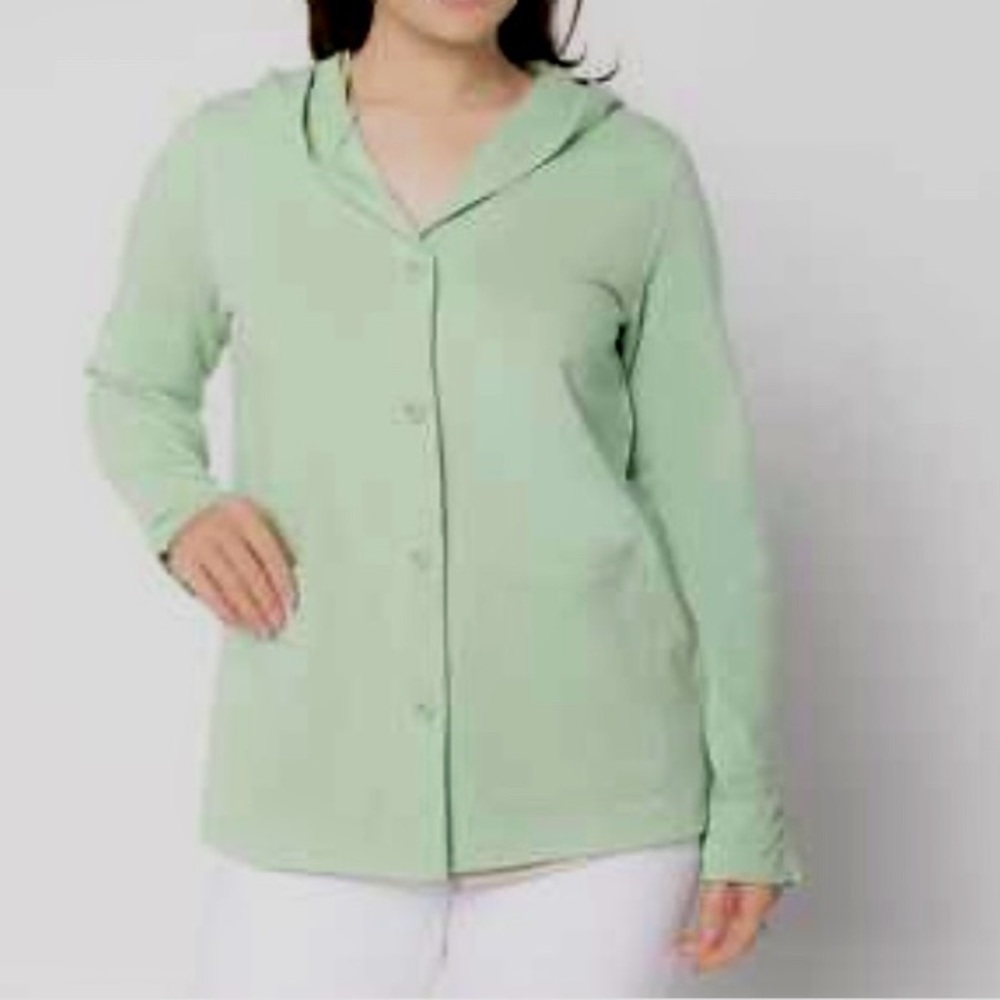 New Denim&Co Green Button Front French Terry  Hooded Jacket / 3XL